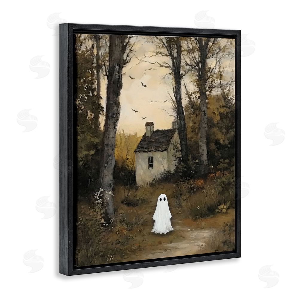 Arlington Prints Little Ghost in Cottage Forest Black Floating Frame Canvas Wall Art Print