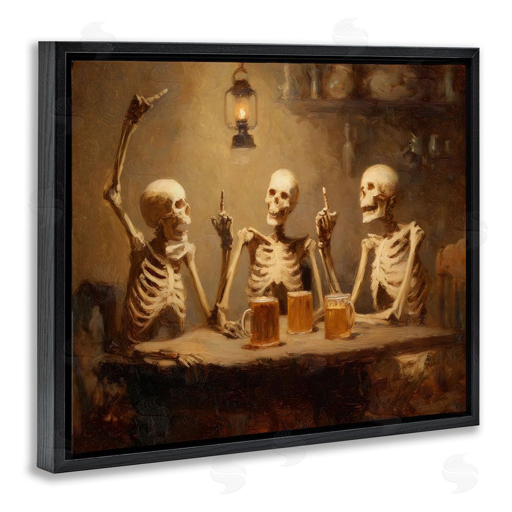 Arlington Prints Skeletons Drinking at Tavern Black Floating Frame Canvas Wall Art Print