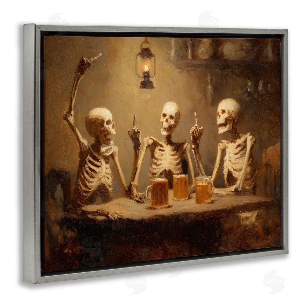 Arlington Prints Skeletons Drinking at Tavern Gray Floating Frame Canvas Wall Art Print