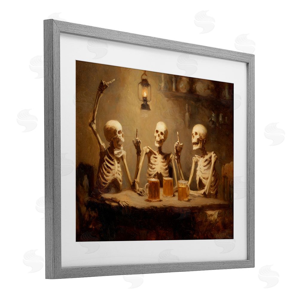 Arlington Prints Skeletons Drinking at Tavern Gray Framed Print Under Glass Wall Art