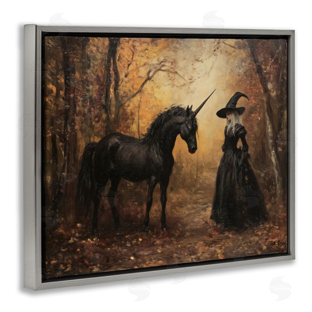 Arlington Prints Witch & Black Unicorn Gray Floating Frame Canvas Wall Art Print