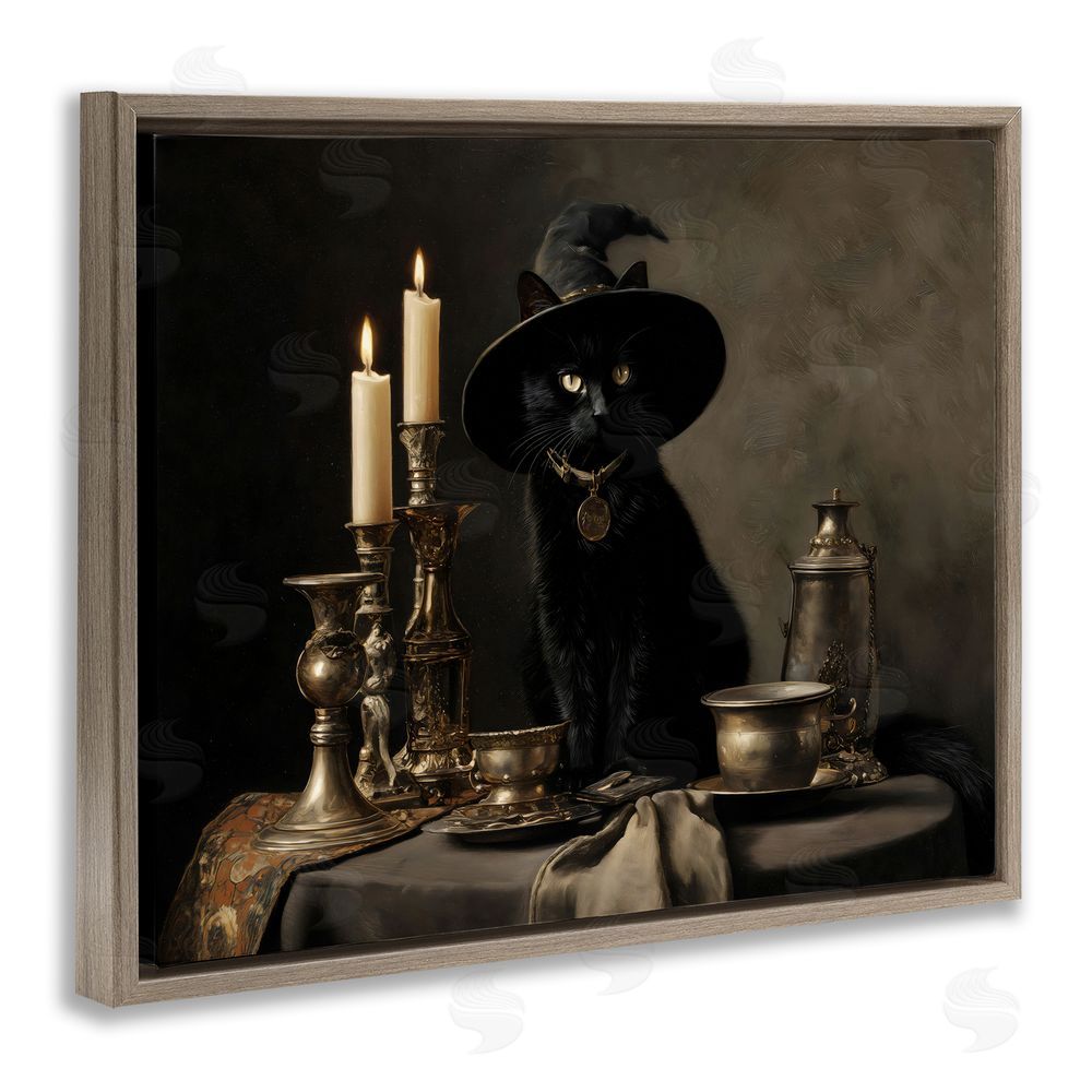 Arlington Prints Vintage Witchy Black Cat Brown Floating Frame Canvas Wall Art Print