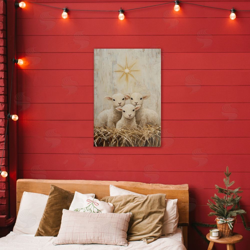 Petal Prints Design Christmas Lambs Trio Stretched Canvas Wall Art Print in Room