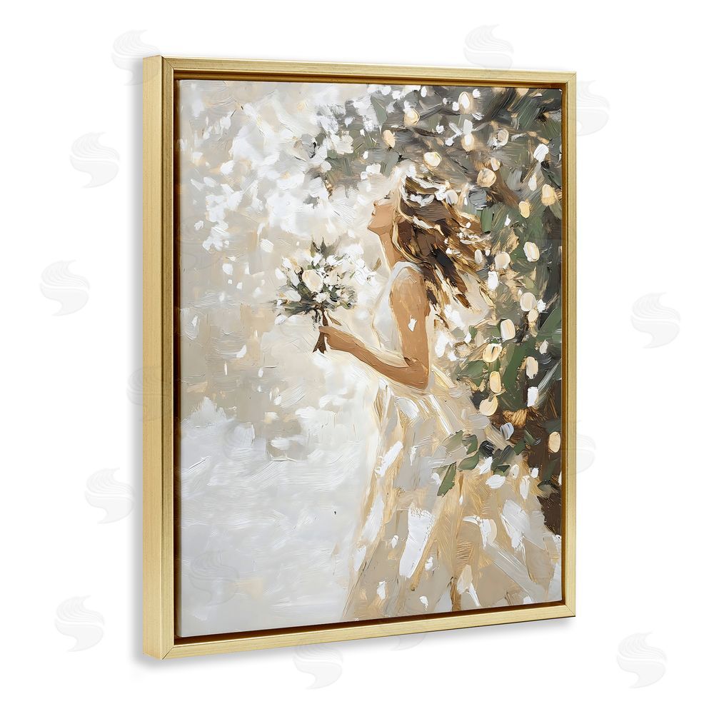 LSR Design Studio Soft White Snow Flurry Gold Floating Frame Canvas Wall Art Print