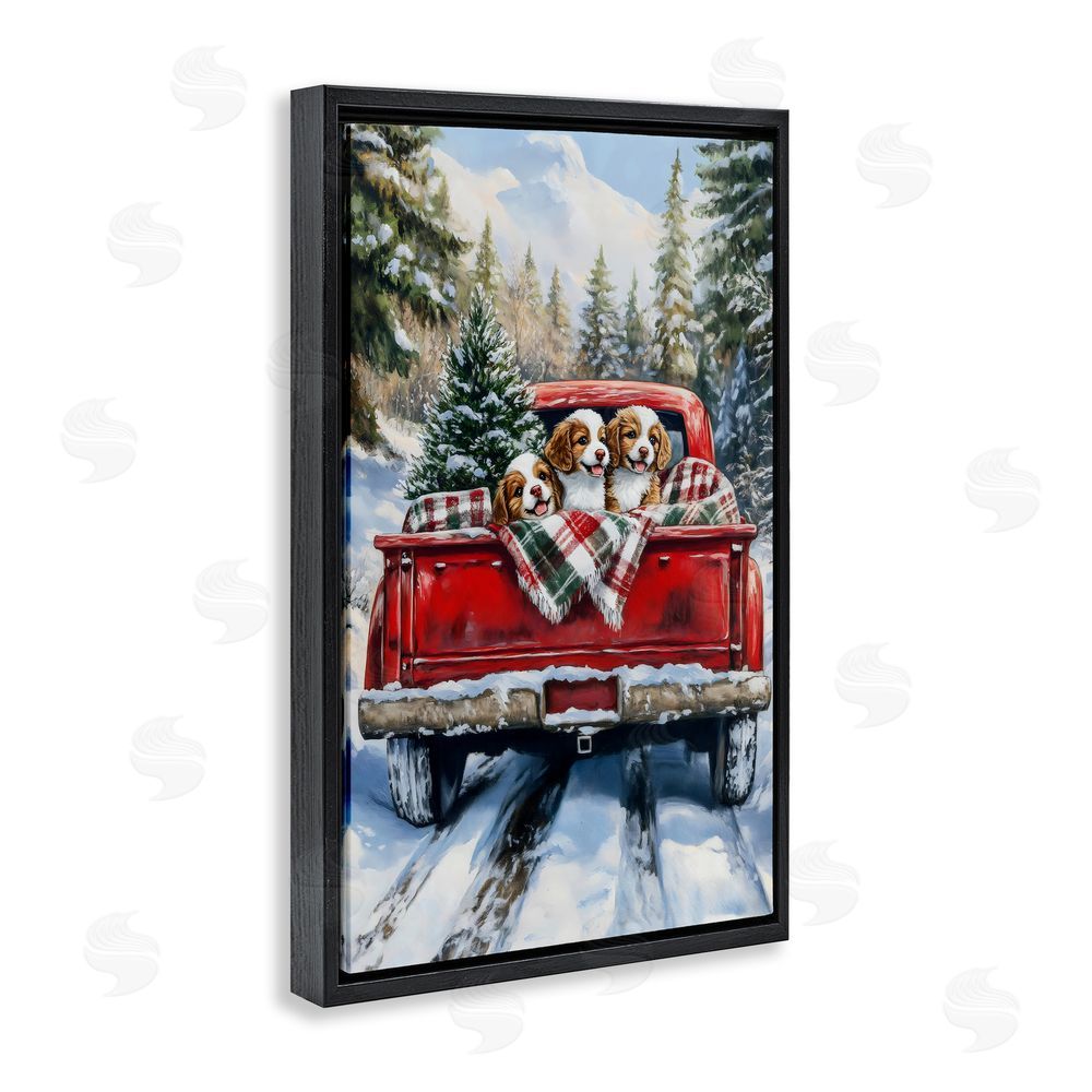 Petal Prints Design Christmas Truck Pups Trio Black Floating Frame Canvas Wall Art Print