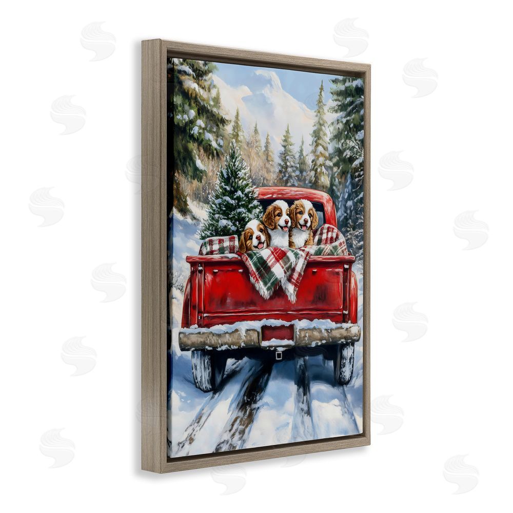 Petal Prints Design Christmas Truck Pups Trio Brown Floating Frame Canvas Wall Art Print
