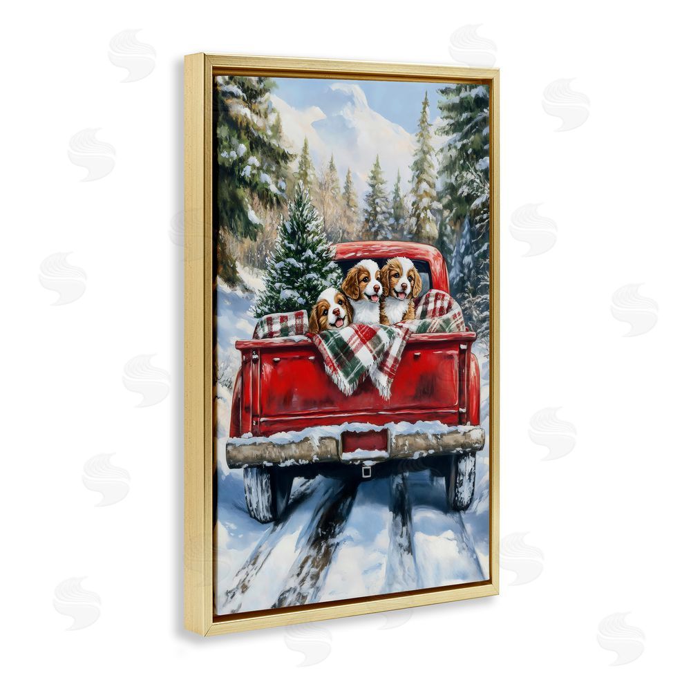 Petal Prints Design Christmas Truck Pups Trio Gold Floating Frame Canvas Wall Art Print