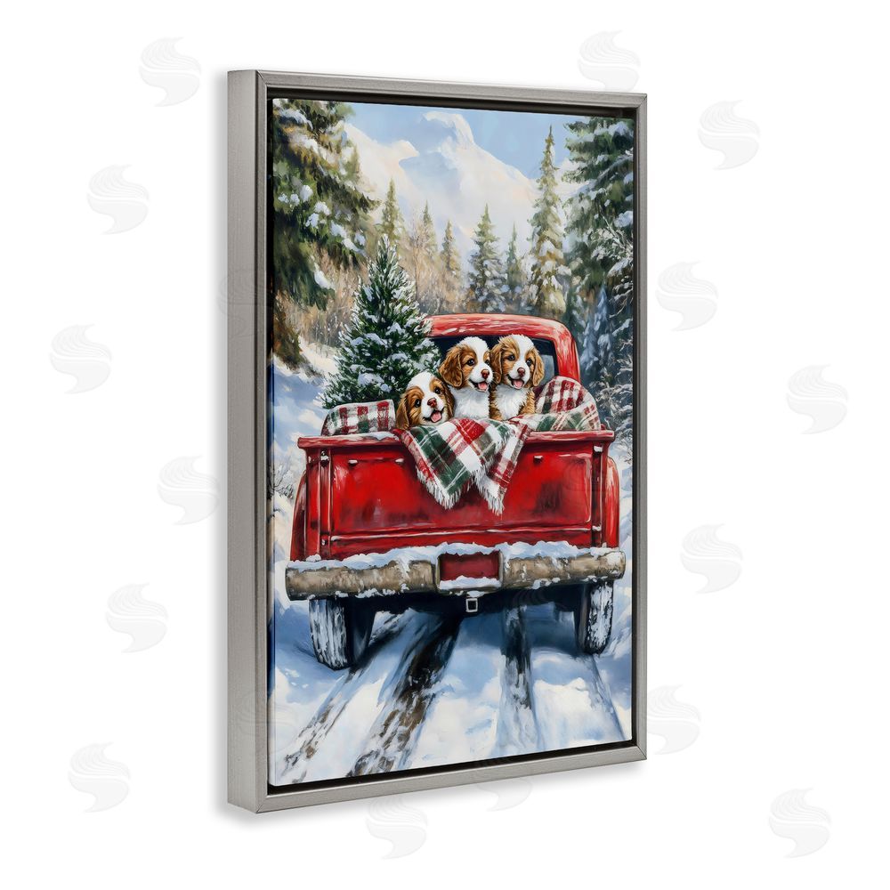 Petal Prints Design Christmas Truck Pups Trio Gray Floating Frame Canvas Wall Art Print