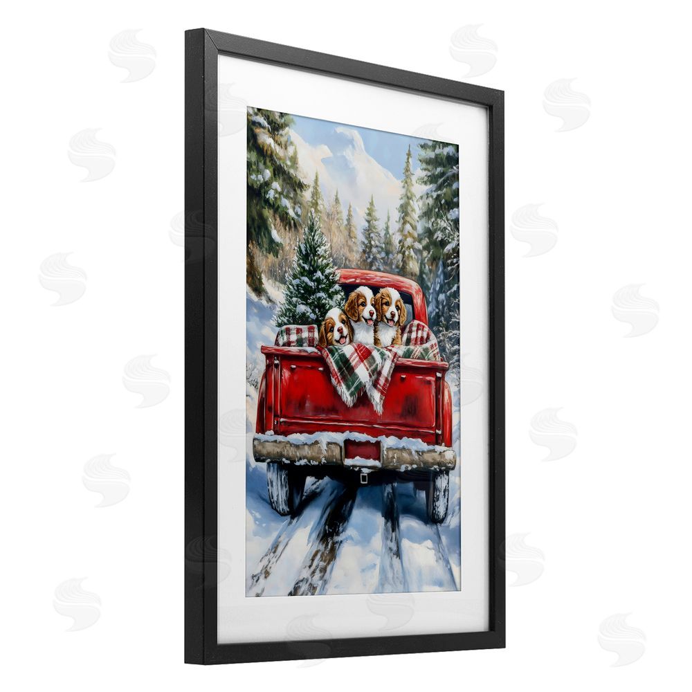 Petal Prints Design Christmas Truck Pups Trio Black Framed Print Under Glass Wall Art