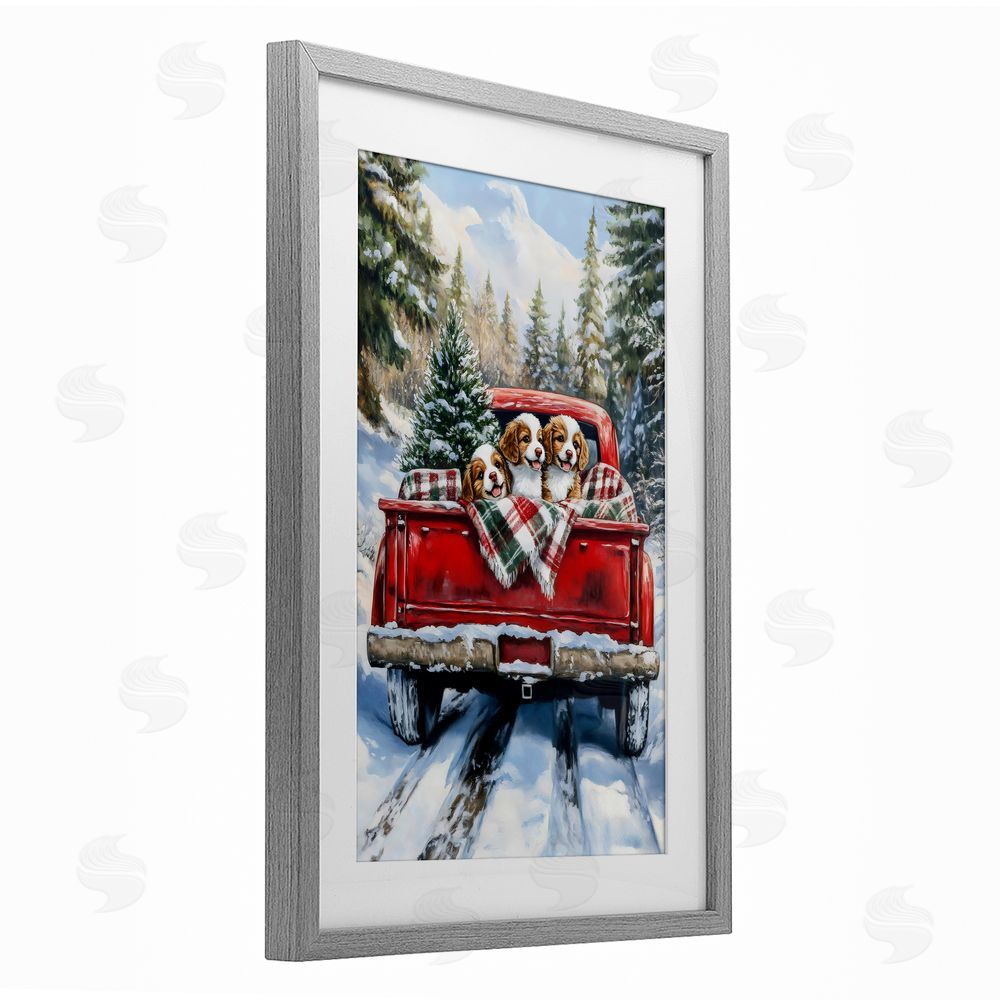 Petal Prints Design Christmas Truck Pups Trio Gray Framed Print Under Glass Wall Art