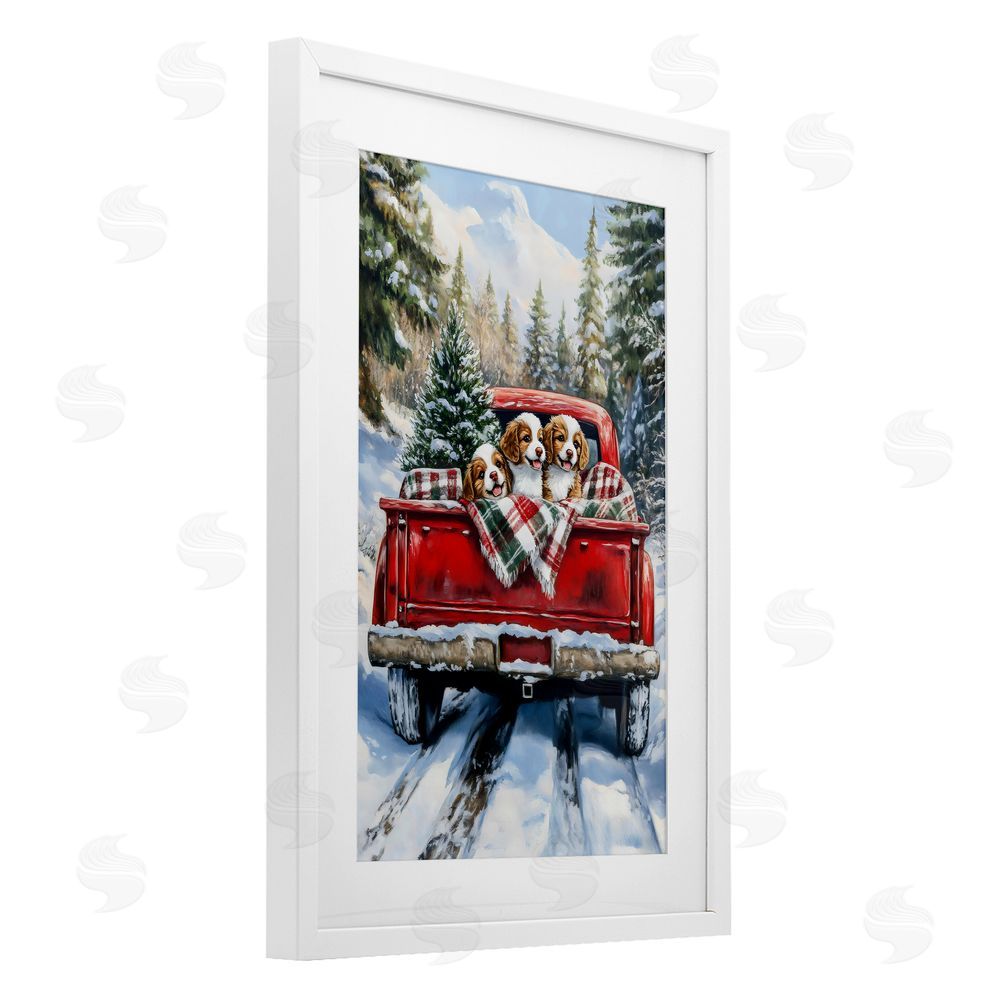 Petal Prints Design Christmas Truck Pups Trio White Framed Print Under Glass Wall Art