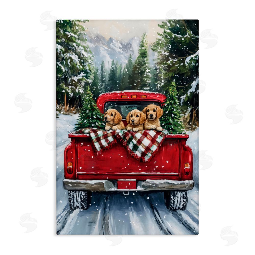 Petal Prints Design Golden Pups Christmas Truck Stretched Canvas Wall Art Print