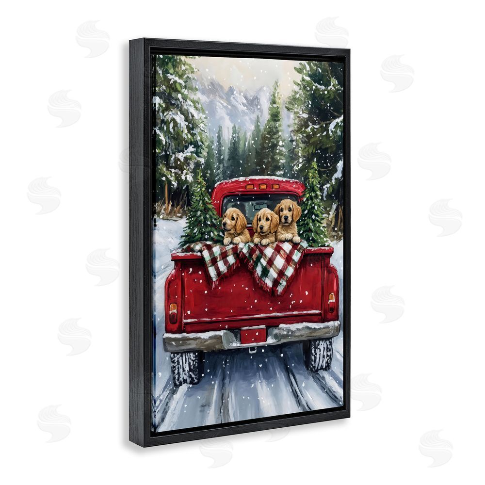 Petal Prints Design Golden Pups Christmas Truck Black Floating Frame Canvas Wall Art Print