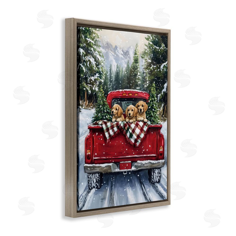 Petal Prints Design Golden Pups Christmas Truck Brown Floating Frame Canvas Wall Art Print