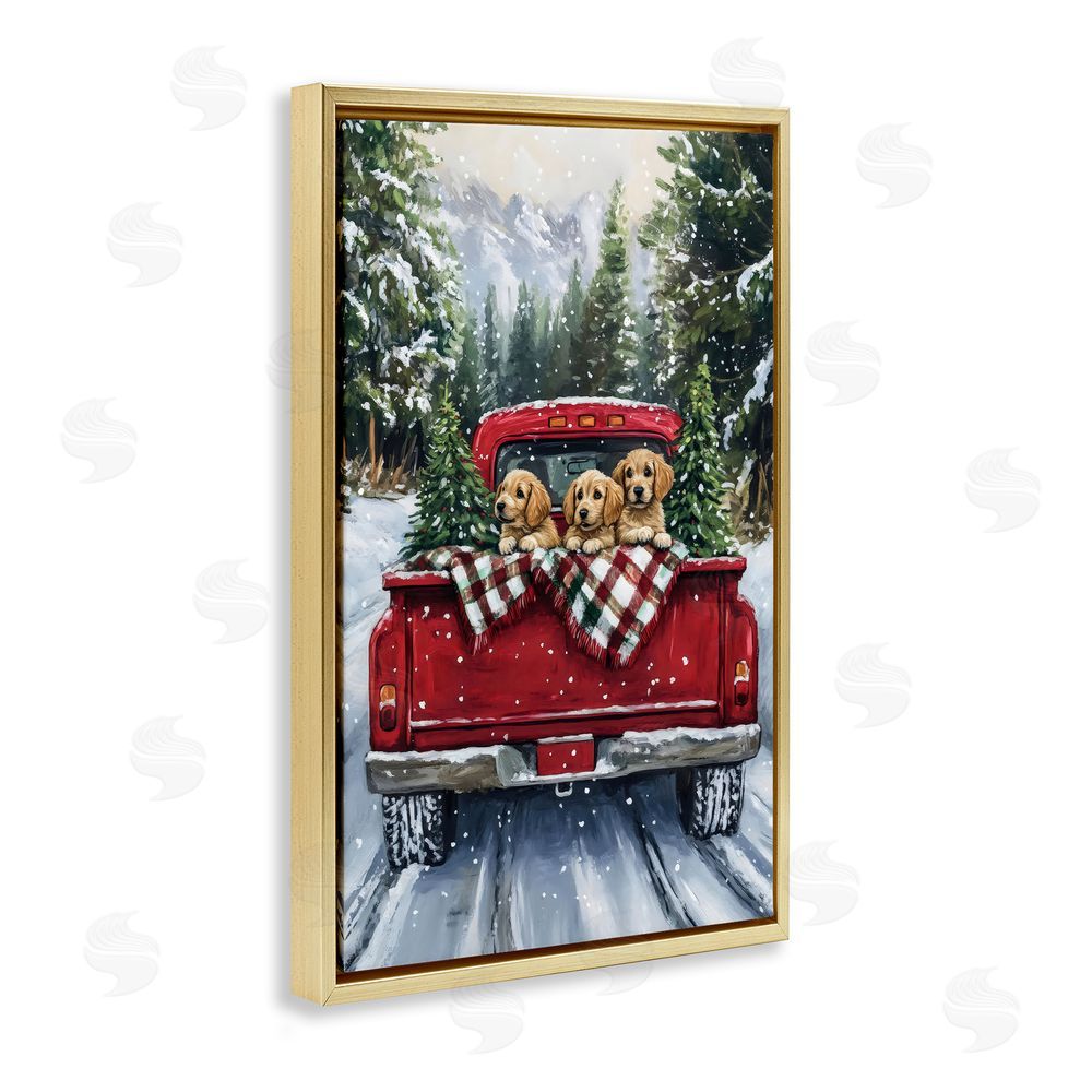Petal Prints Design Golden Pups Christmas Truck Gold Floating Frame Canvas Wall Art Print