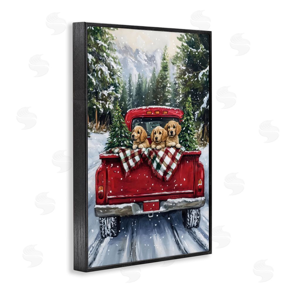 Petal Prints Design Golden Pups Christmas Truck Black Framed Giclee Print Wall Art