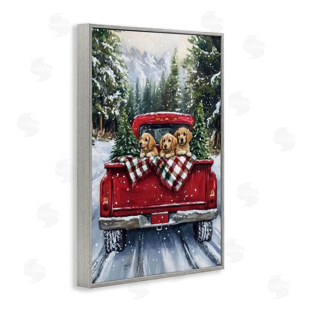 Petal Prints Design Golden Pups Christmas Truck Gray Framed Giclee Print Wall Art