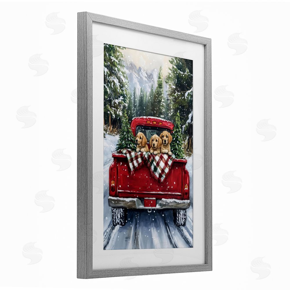 Petal Prints Design Golden Pups Christmas Truck Gray Framed Print Under Glass Wall Art
