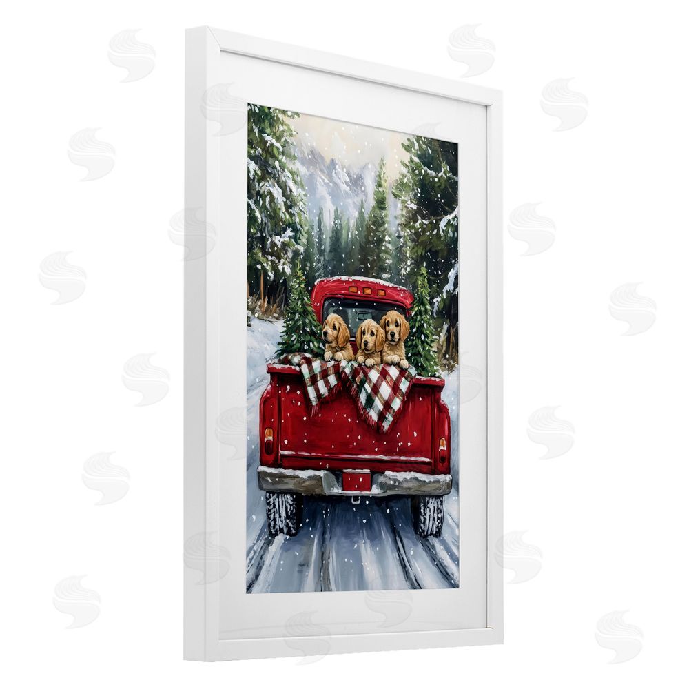 Petal Prints Design Golden Pups Christmas Truck White Framed Print Under Glass Wall Art