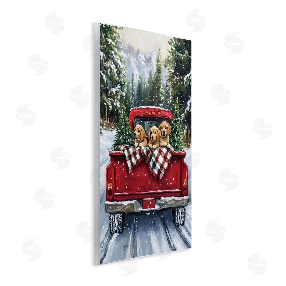 Petal Prints Design Golden Pups Christmas Truck Wooden Wall Plaque Art Print