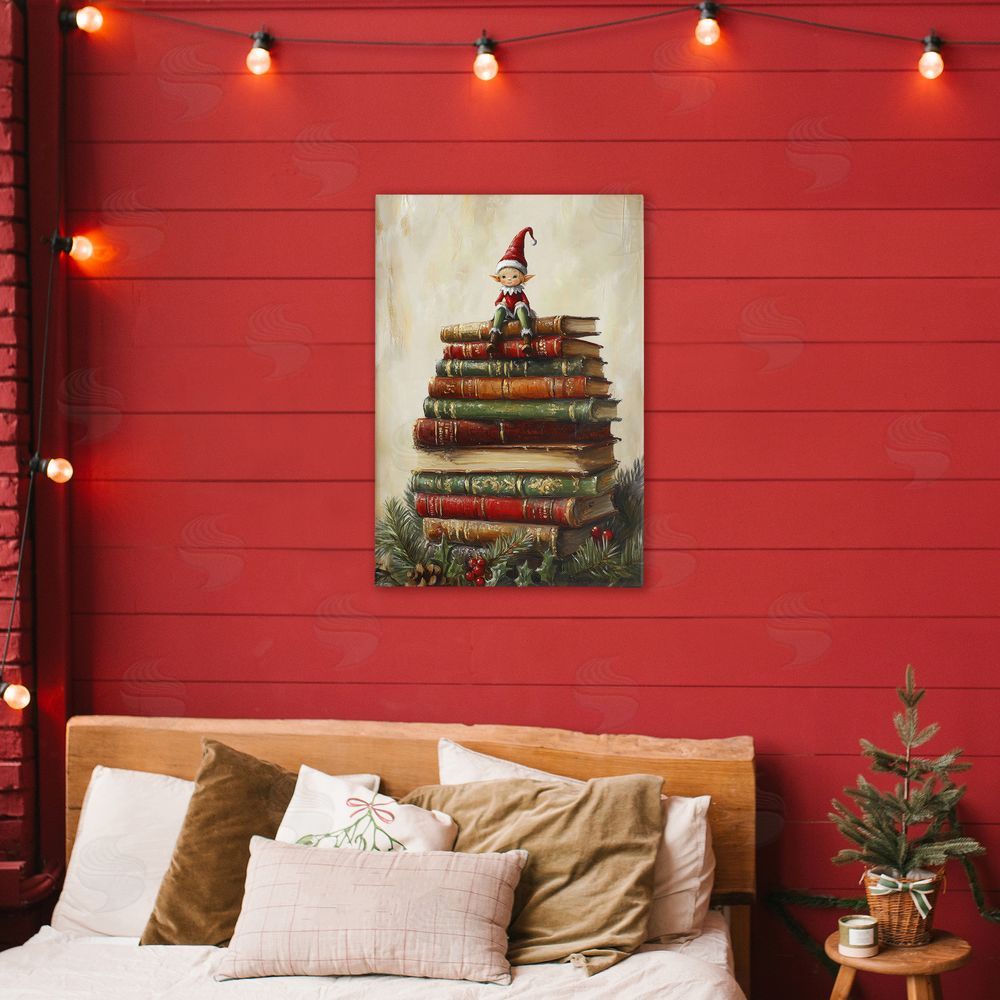 Petal Prints Design Christmas Elf Bookstack Stretched Canvas Wall Art Print in Room