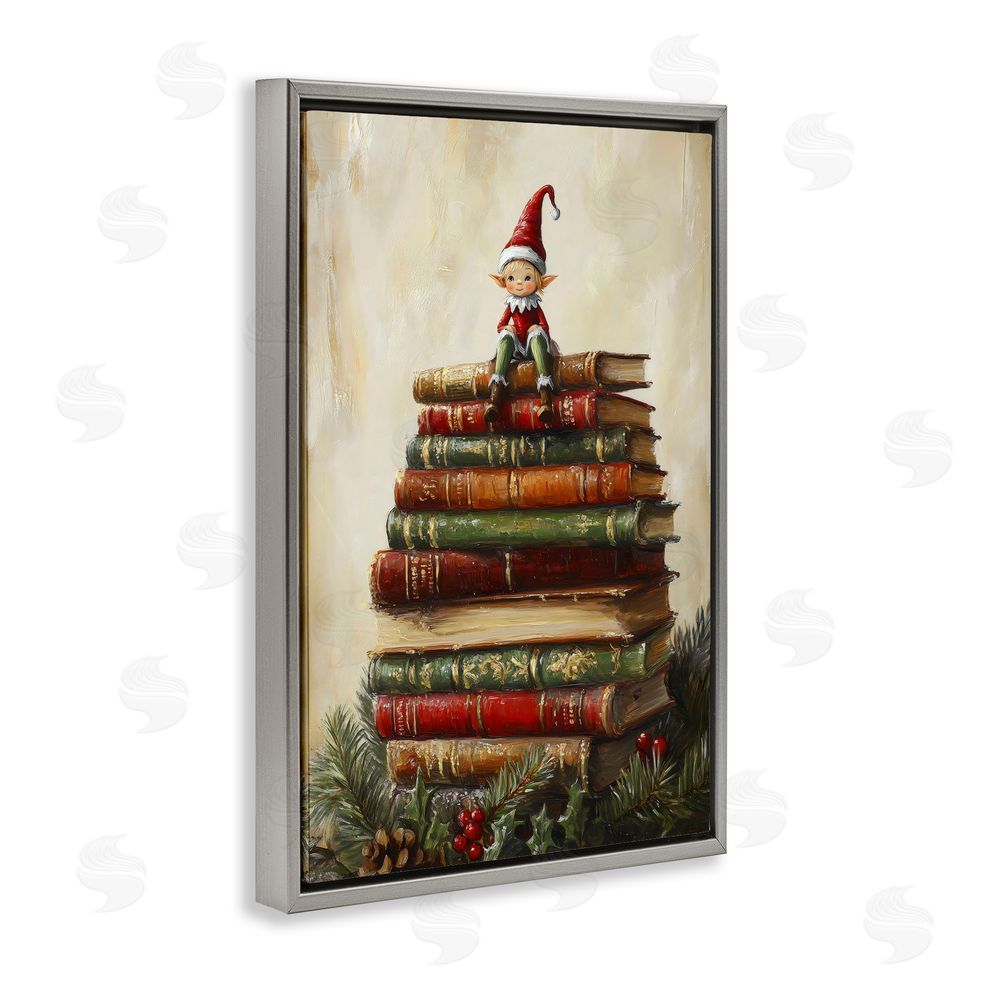 Petal Prints Design Christmas Elf Bookstack Gray Floating Frame Canvas Wall Art Print