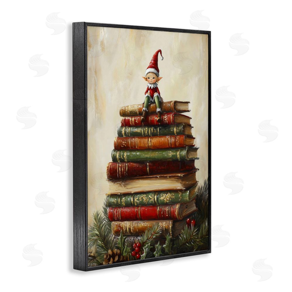 Petal Prints Design Christmas Elf Bookstack Black Framed Giclee Print Wall Art