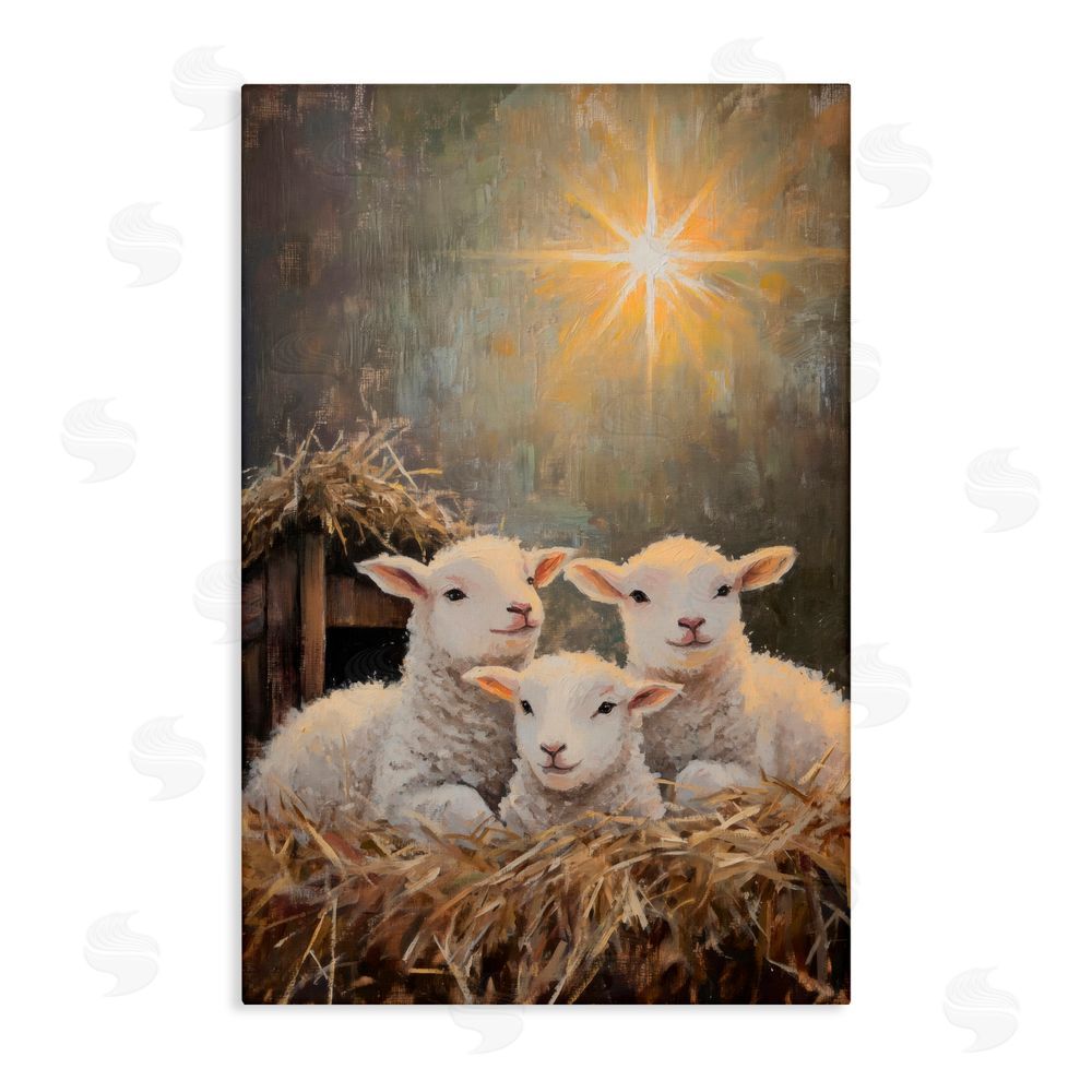Petal Prints Design Festive Lambs in Stable Stretched Canvas Wall Art Print