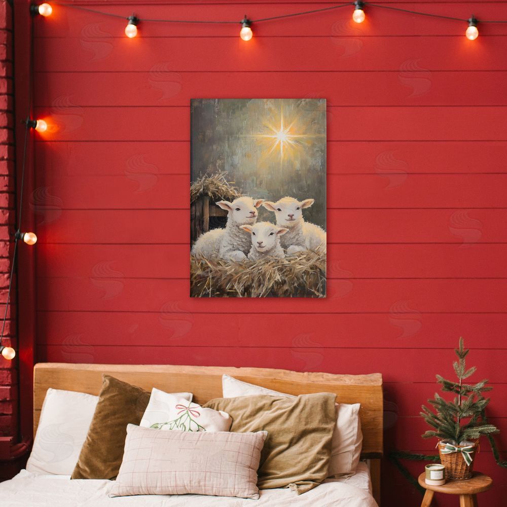 Petal Prints Design Festive Lambs in Stable Stretched Canvas Wall Art Print in Room