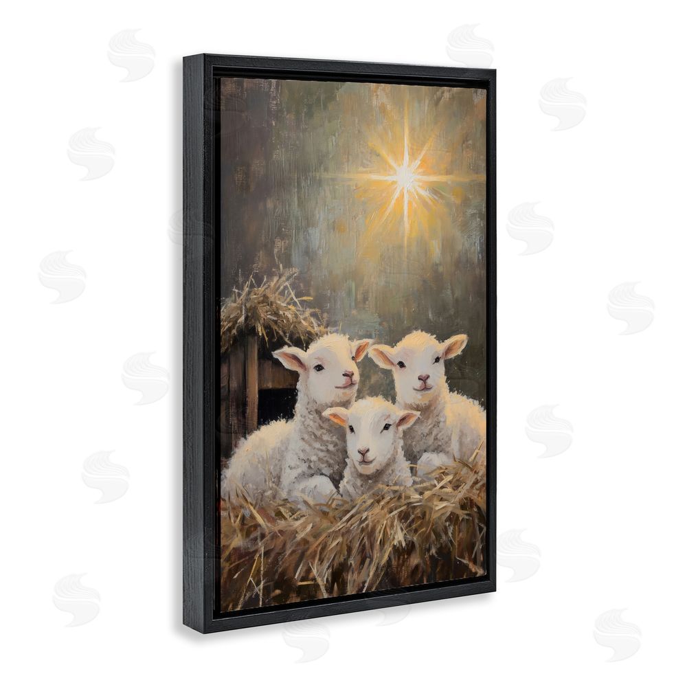 Petal Prints Design Festive Lambs in Stable Black Floating Frame Canvas Wall Art Print