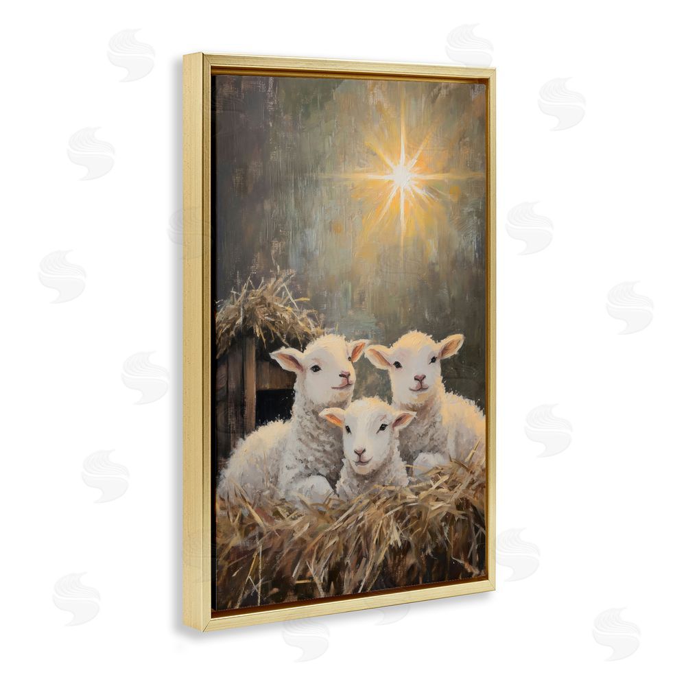 Petal Prints Design Festive Lambs in Stable Gold Floating Frame Canvas Wall Art Print