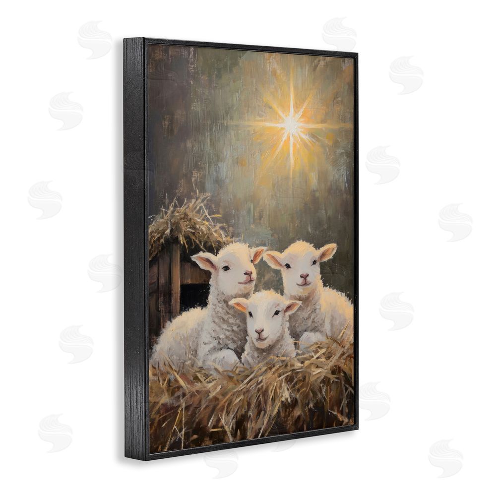 Petal Prints Design Festive Lambs in Stable Black Framed Giclee Print Wall Art