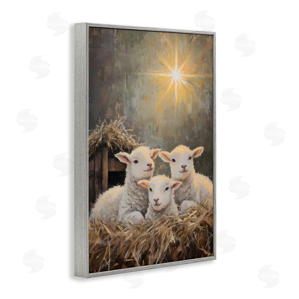 Petal Prints Design Festive Lambs in Stable Gray Framed Giclee Print Wall Art
