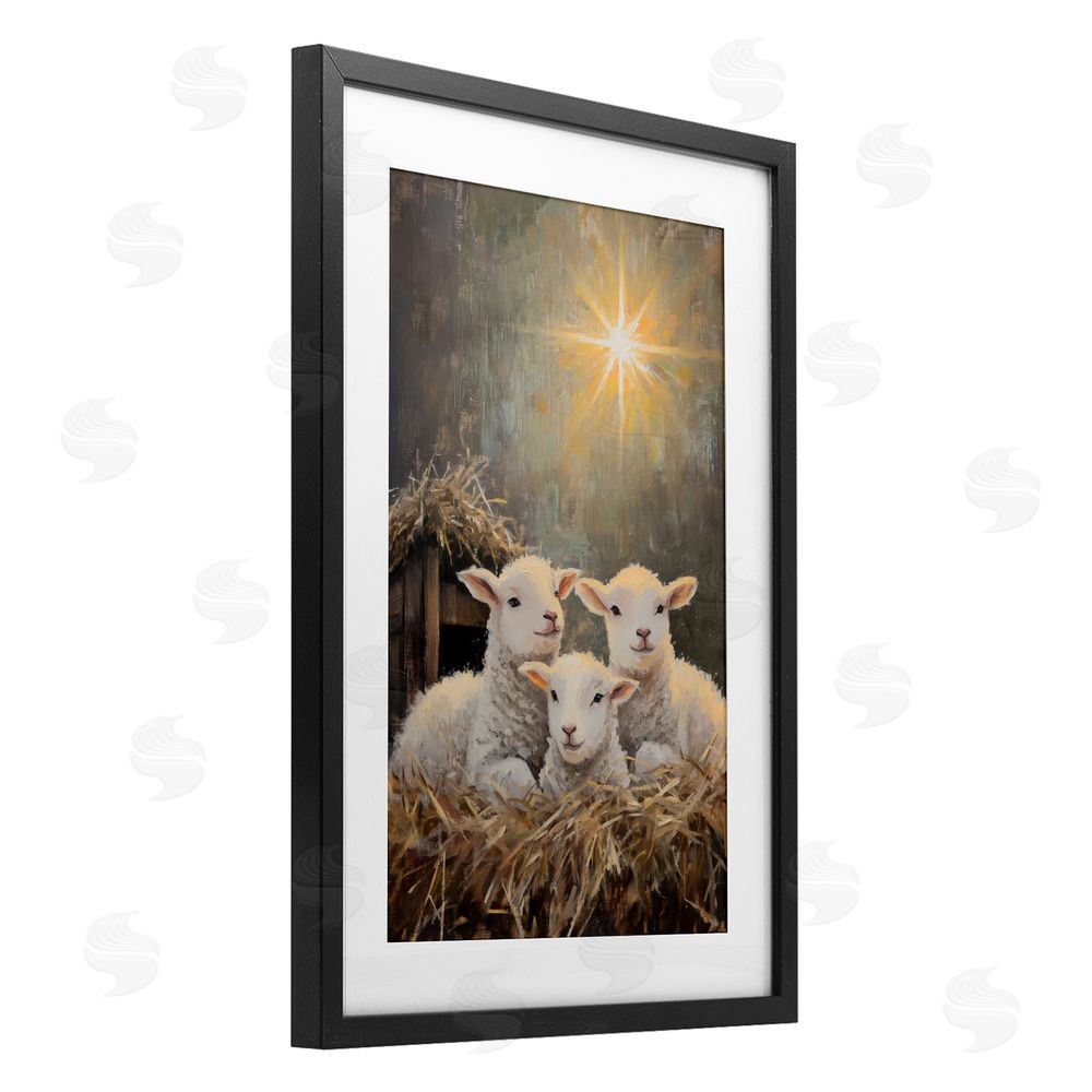 Petal Prints Design Festive Lambs in Stable Black Framed Print Under Glass Wall Art