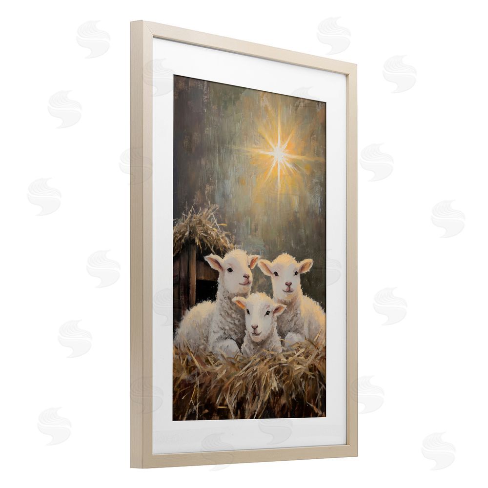 Petal Prints Design Festive Lambs in Stable Brown Framed Print Under Glass Wall Art