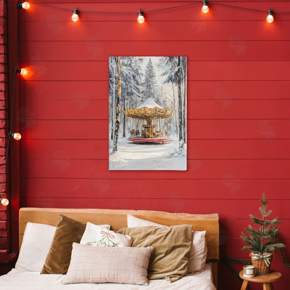 Petal Prints Design Winter Wonderland Carousel Stretched Canvas Wall Art Print in Room