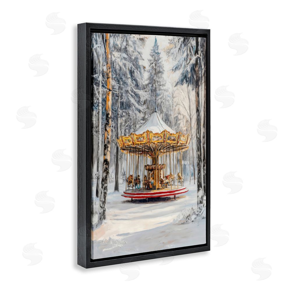 Petal Prints Design Winter Wonderland Carousel Black Floating Frame Canvas Wall Art Print