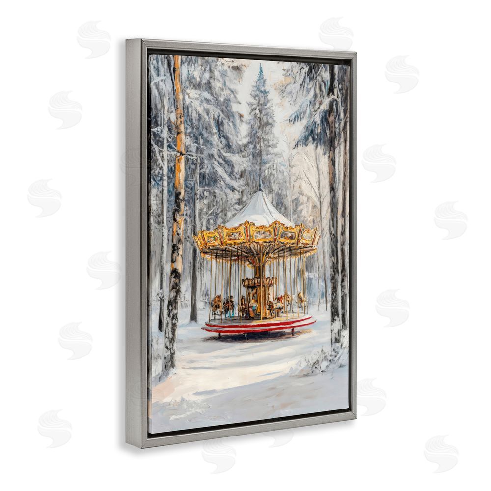 Petal Prints Design Winter Wonderland Carousel Gray Floating Frame Canvas Wall Art Print