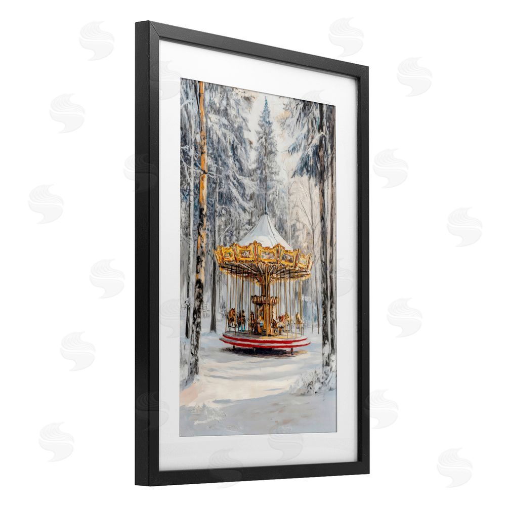 Petal Prints Design Winter Wonderland Carousel Black Framed Print Under Glass Wall Art