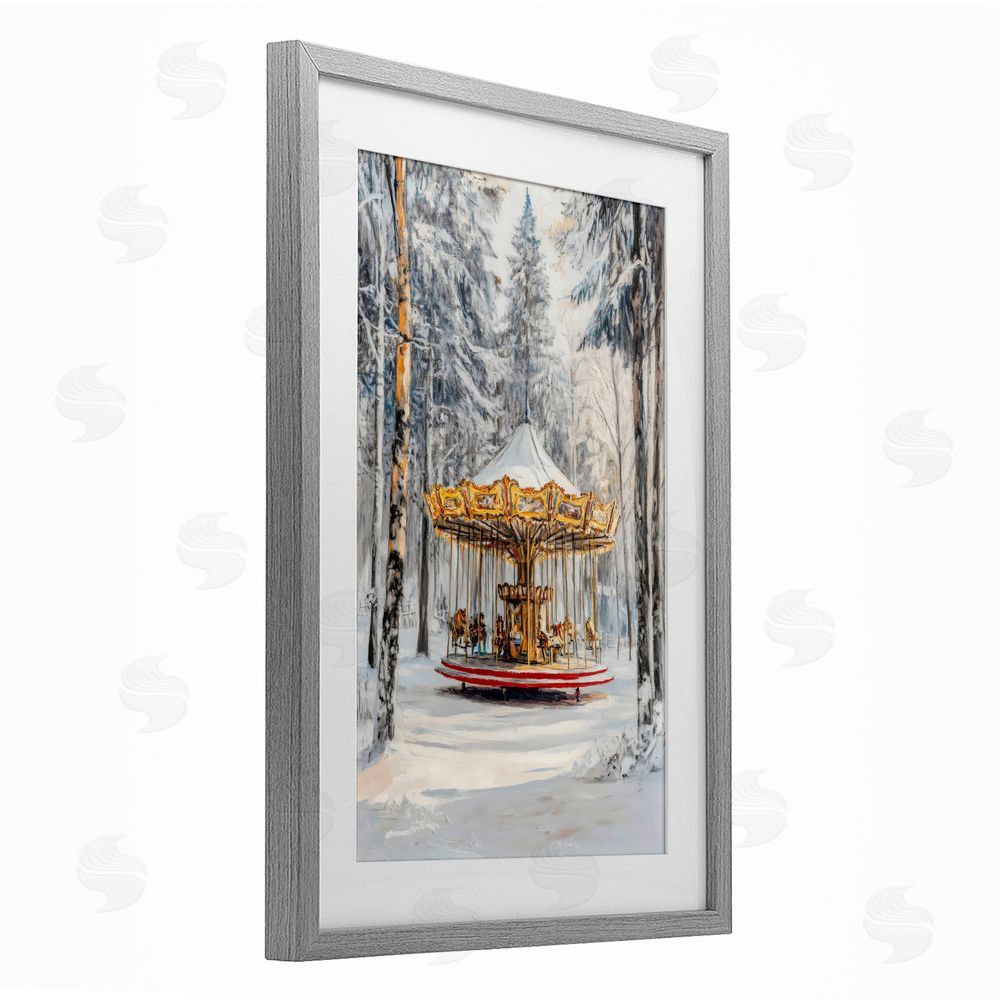 Petal Prints Design Winter Wonderland Carousel Gray Framed Print Under Glass Wall Art