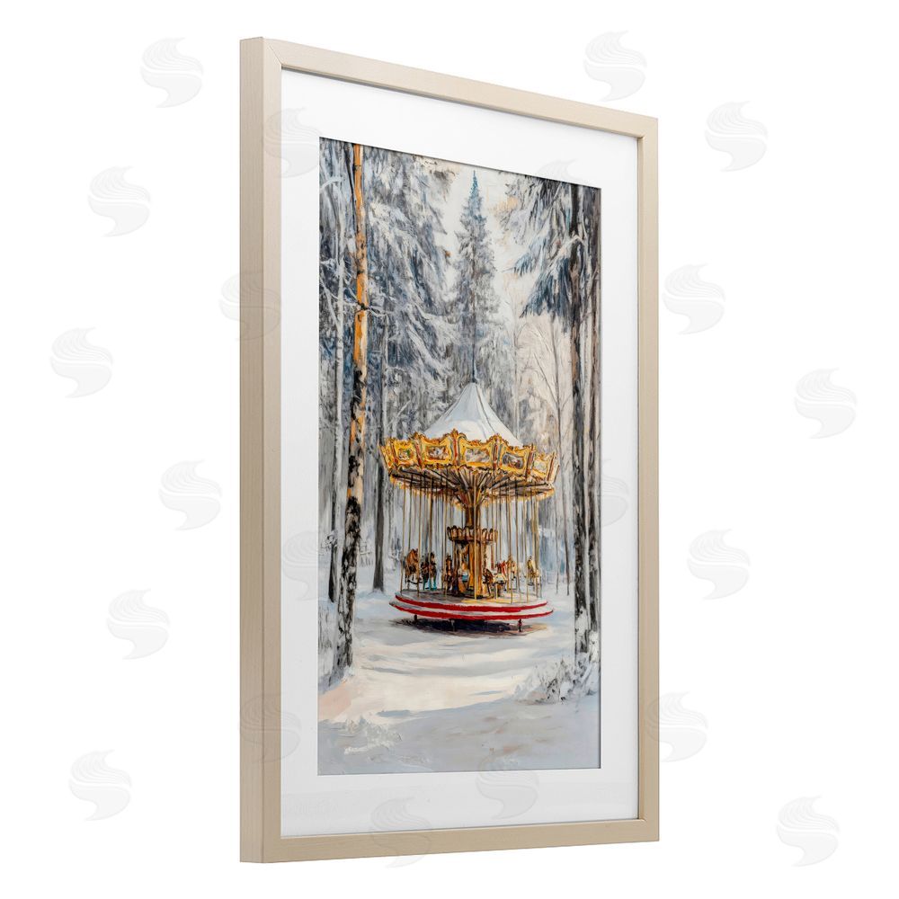 Petal Prints Design Winter Wonderland Carousel Brown Framed Print Under Glass Wall Art