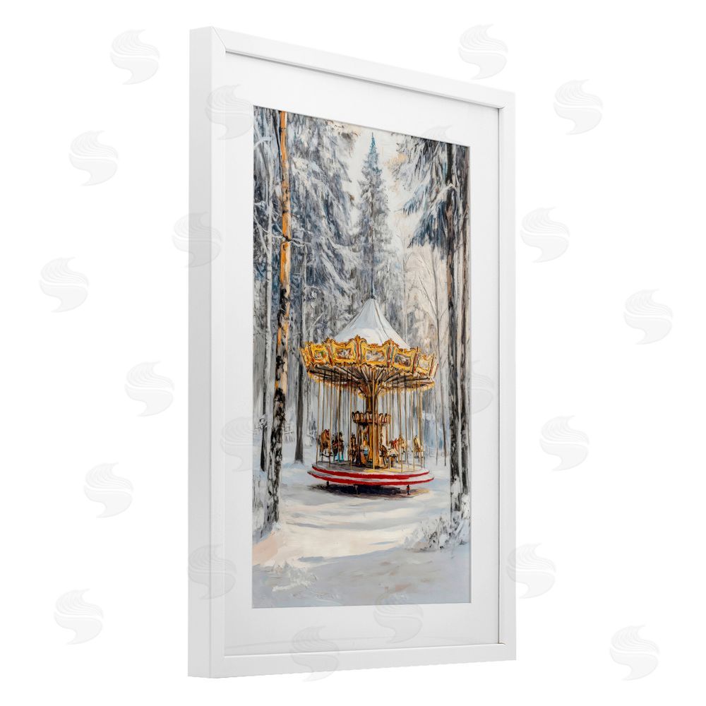 Petal Prints Design Winter Wonderland Carousel White Framed Print Under Glass Wall Art
