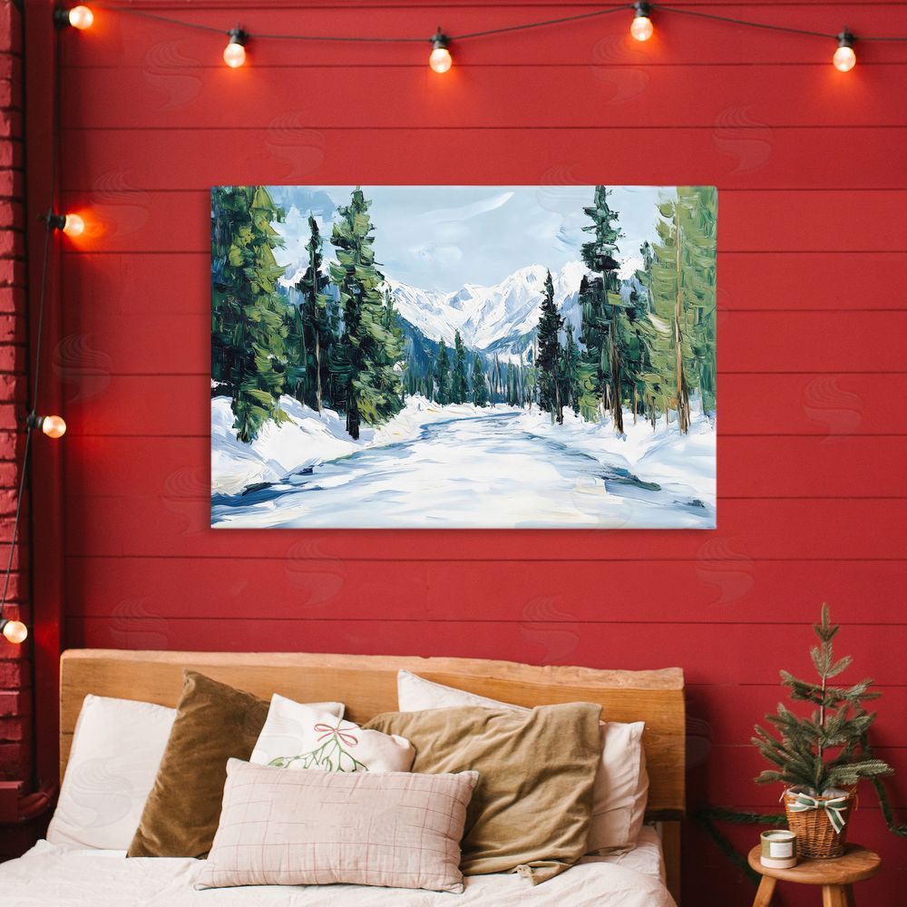 Petal Prints Design Snowy Tall Tree Pass Stretched Canvas Wall Art Print in Room