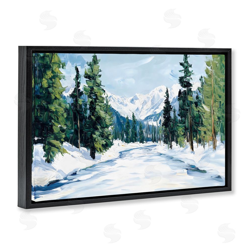 Petal Prints Design Snowy Tall Tree Pass Black Floating Frame Canvas Wall Art Print