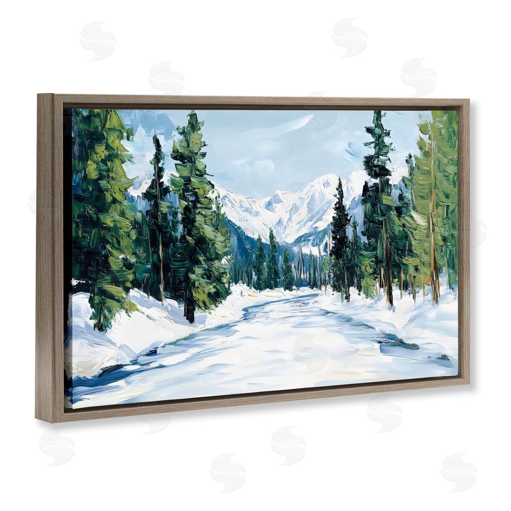 Petal Prints Design Snowy Tall Tree Pass Brown Floating Frame Canvas Wall Art Print