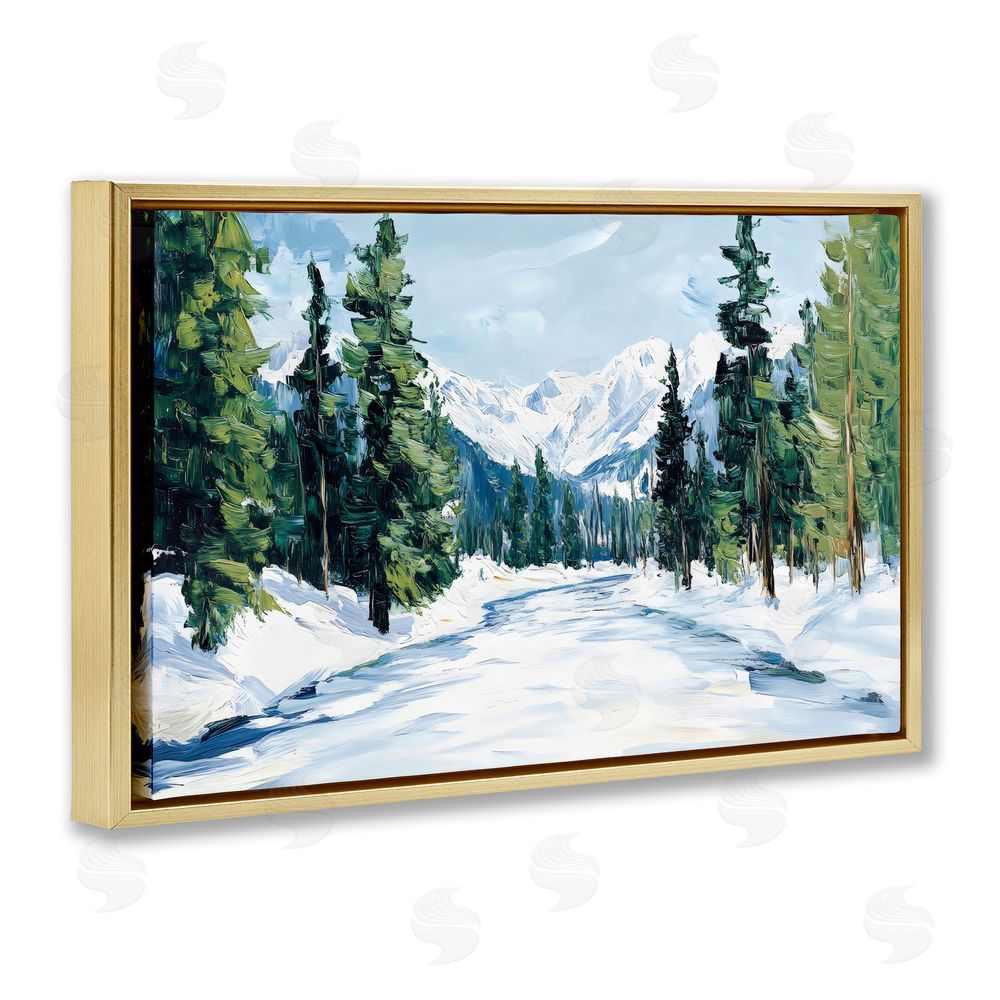 Petal Prints Design Snowy Tall Tree Pass Gold Floating Frame Canvas Wall Art Print