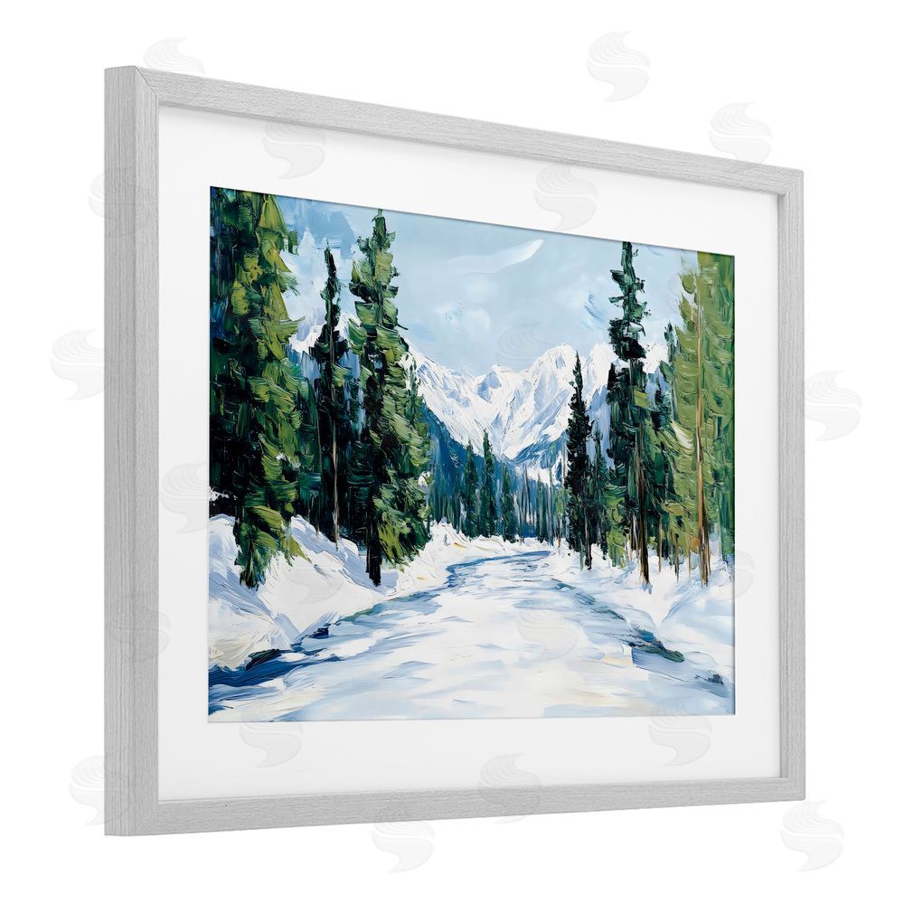 Petal Prints Design Snowy Tall Tree Pass Gray Framed Print Under Glass Wall Art
