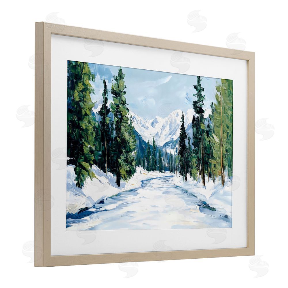 Petal Prints Design Snowy Tall Tree Pass Brown Framed Print Under Glass Wall Art