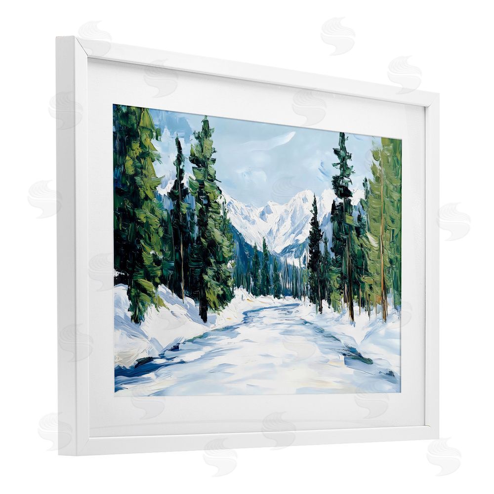 Petal Prints Design Snowy Tall Tree Pass White Framed Print Under Glass Wall Art
