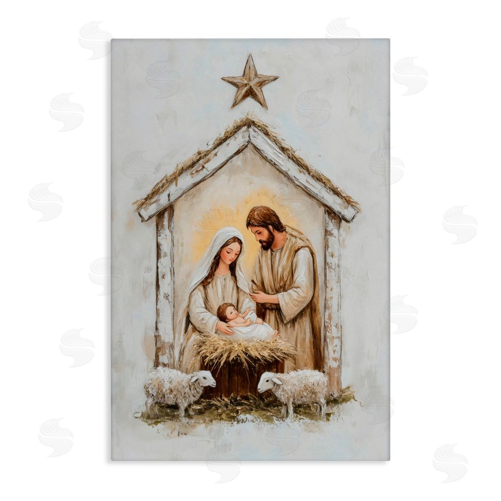 Petal Prints Design Little Lambs & Nativity Stretched Canvas Wall Art Print
